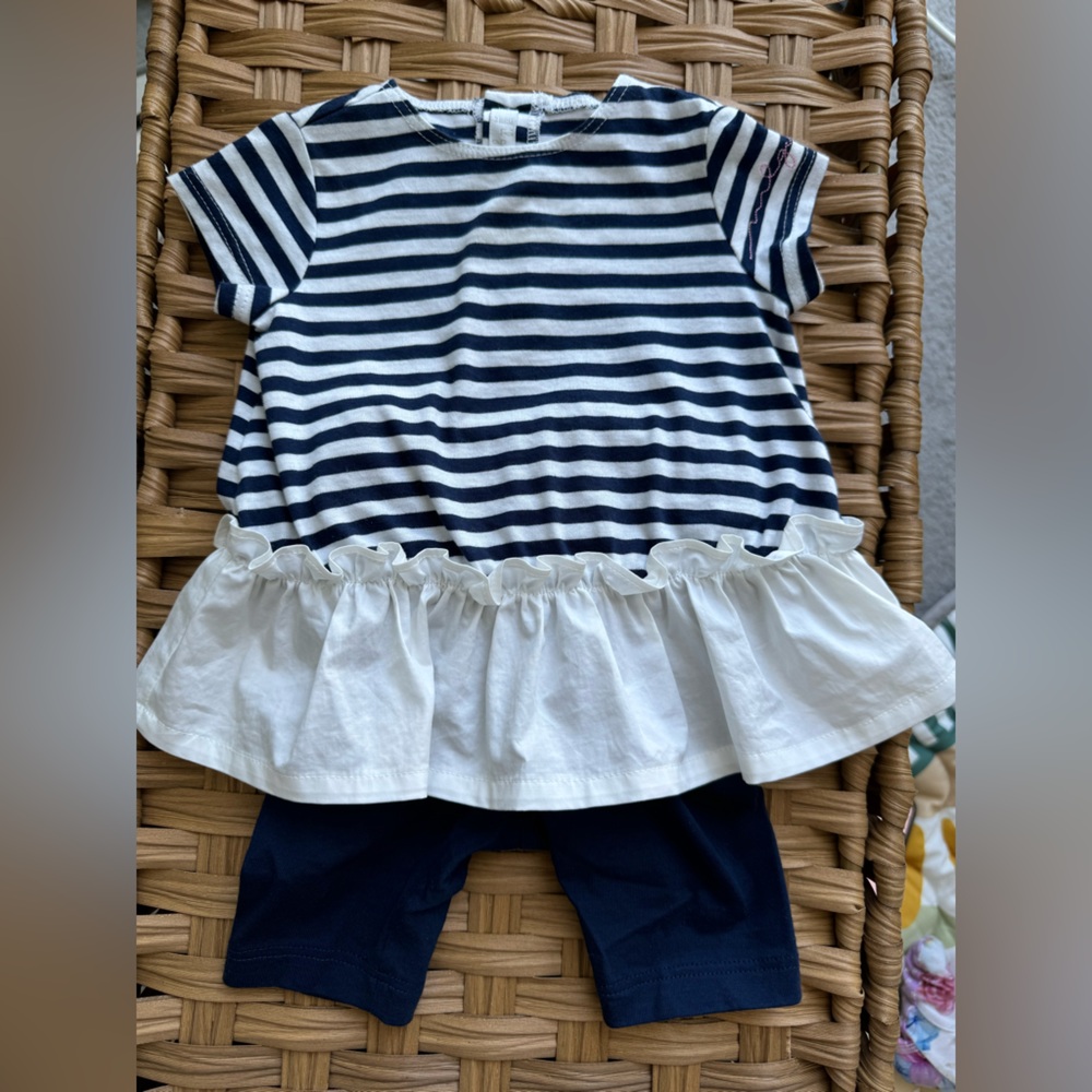 Il gufo Striped Navy and White Baby Dress with pants